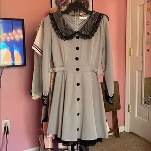 LIZ LISA Gray One Piece Dress with Black Lace Peter Pan Collar